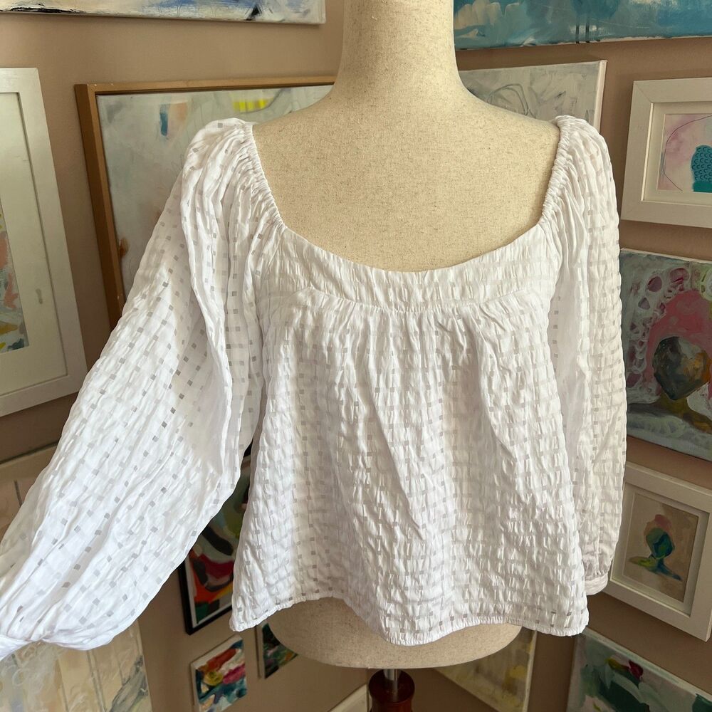 Pomander Place White Square Neck Top M Balloon Sleeve Romantic Blouse Coastal